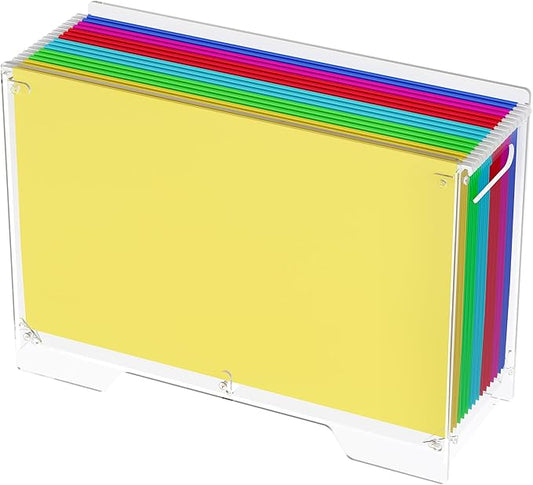 Clear Hanging File Folder Box - for Legal Size - Sturdy Vertical Acrylic Magazine Rack Desk File Organizer with Handle, Transparent Storage Bin for Office Classroom, Assembly Required
