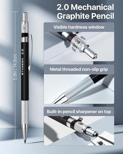 34PCS Art Mechanical Pencil Set, Drafting Pencil 0.5, 0.7, 0.9MM & 3PCS 2.0MM Mechanical Drawing Pencils with 384PCS Leads (6B 4B 2B HB 2H 4H Color) for Artist Sketching Drawing
