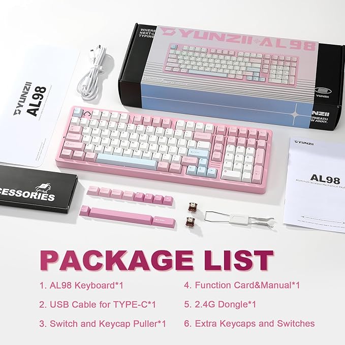 YUNZII AL98 QMK/VIA Wireless Mechanical Gaming Keyboard,Full Aluminum,BT/2.4G/USB-C, Pre-Lubed Hot Swappable Gasket Mount 1800 Layout,RGB Backlit for Win/Mac (Pink, Cocoa Cream V2 Switch)
