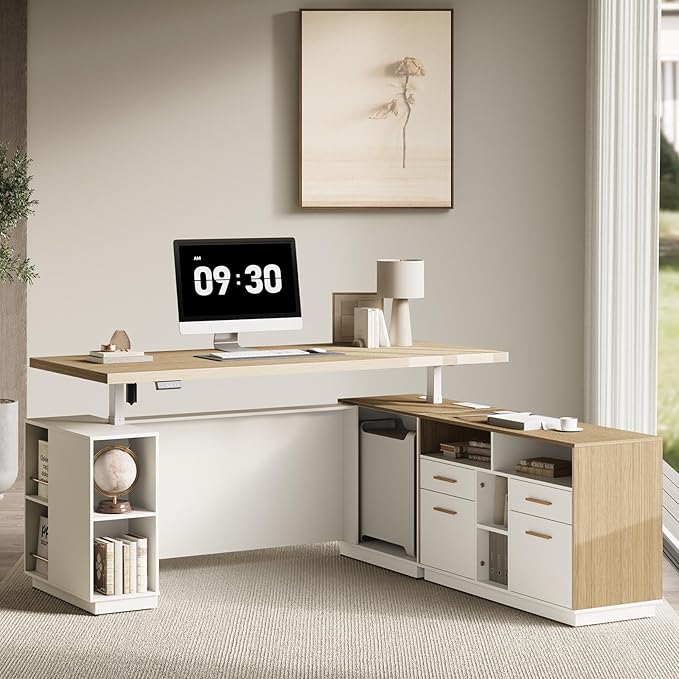 71" Standing Desk with 2 File Cabinet, AC/USB, 1.18" Desktop, L Shaped Height Adjustable Desk, Electric Furniture Set with Multiple Functions for Home and Office, Light Walnut