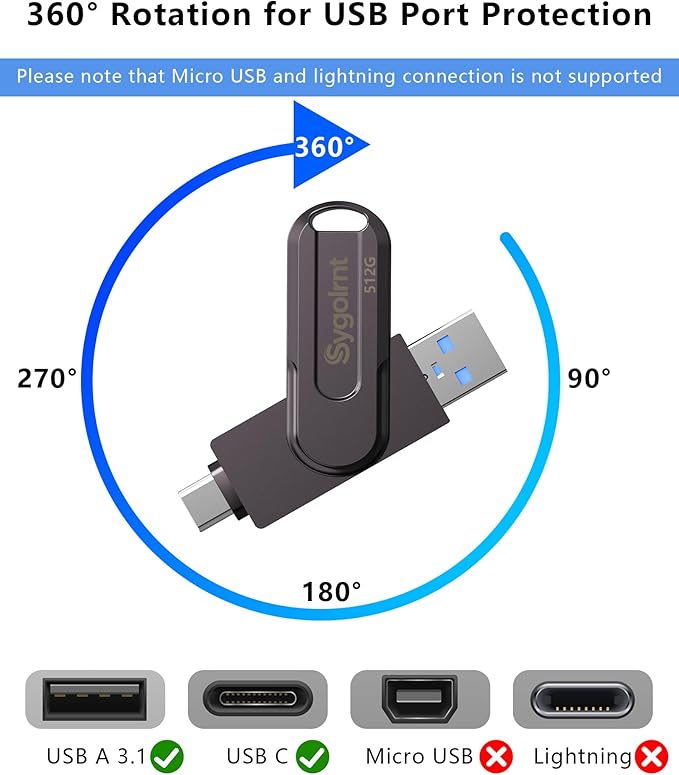 512GB USB Flash Drive, 3.0 - USB C & USB A 2-in-1 Memory Stick, Jump Drive with Keychain, Storage Photos Thumb Drives for iPhone 17/16/15, Android Phones, Laptops, Mac, iPad, Desktops, Tablet