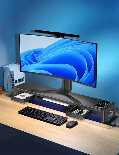 meatanty Dual Monitor Stand Riser with 2 Drawers,4 USB Ports and Charging Pad,Metal Monitor Stand for 2 Monitors Supports Transfer Data and Charging,Desk Organizer for PC,iMac(38.7 inches)