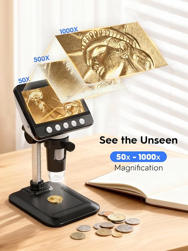 Coin Microscope, 4.3" LCD USB Digital Microscope 1000X Coin Magnifier with 8 Adjustable LED Lights, 1080P PC View Compatible with Windows/MacBook for Adults Kids