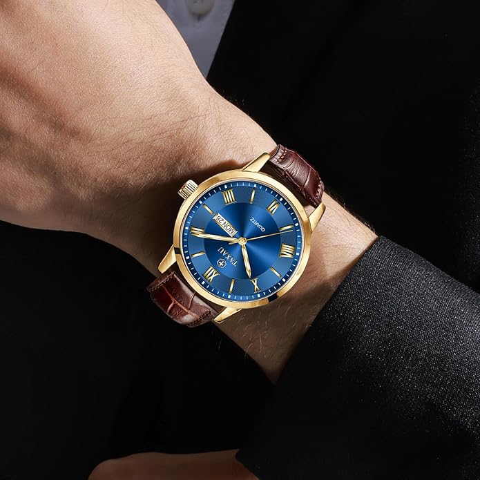Mens Watches Luxury Dress Waterproof Leather Watch with Date Day Analog Quartz Large Number Wrist Watch Casual Classic Luminous Scales Big Face Easy Read Reloj para Hombre