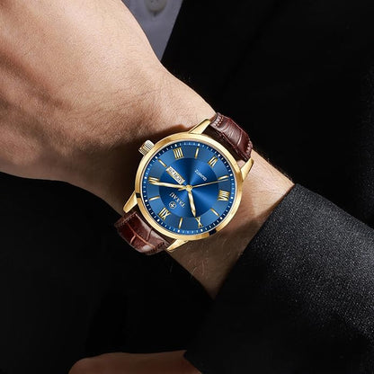 Mens Watches Luxury Dress Waterproof Leather Watch with Date Day Analog Quartz Large Number Wrist Watch Casual Classic Luminous Scales Big Face Easy Read Reloj para Hombre