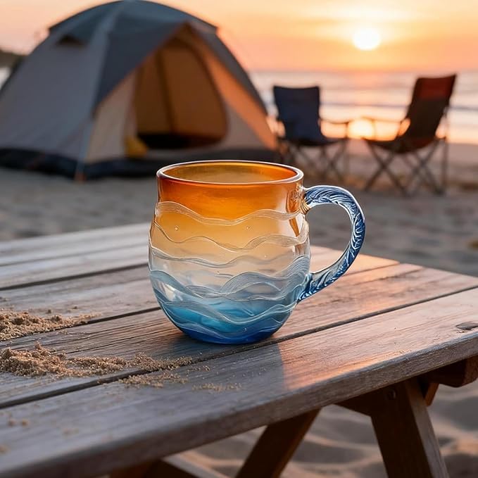 Sea Glass Sundown Mug 12oz - Handcrafted Ocean Wave Design, Textured Coastal Beach Mug for Coffee & Tea, Unique Gift for Ocean & Surf Lovers