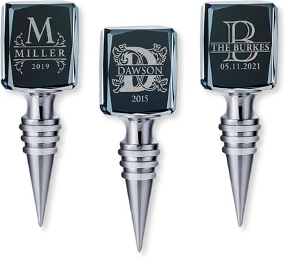 Personalized Crystal Wine Stopper - Custom Engraved Initial, Name & Date - 3D Glass Bottle Stopper with 6 Design Options - Rectangular, Included Gift Box