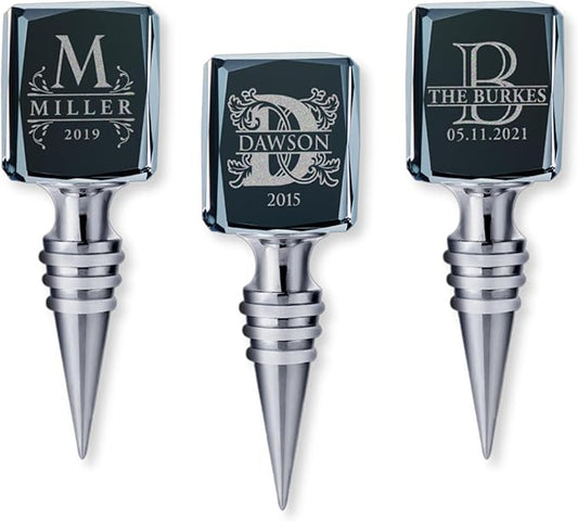 Personalized Crystal Wine Stopper - Custom Engraved Initial, Name & Date - 3D Glass Bottle Stopper with 6 Design Options - Rectangular, Included Gift Box