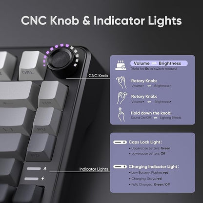 RedThunder K75 Wireless Mechanical Gaming Keyboard, 75% Hot Swappable Creamy Keyboard with Knob, RGB Backlit, Pre-lubed Linear Switches, Side Printed PBT Keycaps, Wireless/Wired/BT5.0 Connection Mode