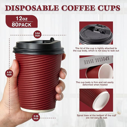 LITOPAK 80 Pack Insulated Ripple Wall 12 oz Disposable Paper Cups, Three Layer Insulated Hot Paper Coffee Cups with Lid and Straws for Parties, Picnics, and Travel