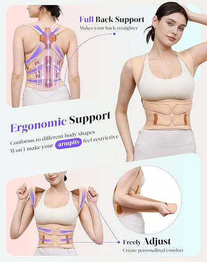 Posture Corrector for Women and Men, 5 Full Back Support Brace Rods, Adjustable Shoulder Straightener, FSA&HSA Eligible, Relief for Upper and Lower Back, Lumbar, Neck Pain (Beige, Medium)