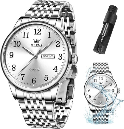 OLEVS Mens Watch Stainless Steel Analog Quartz Watches for Men Day Date Easy Read Diamond Waterproof Dress Luxury Classic Casual Big Face Blue/Black/Gold/Silver Roman Arabic Numerals Men's Wrist Watch