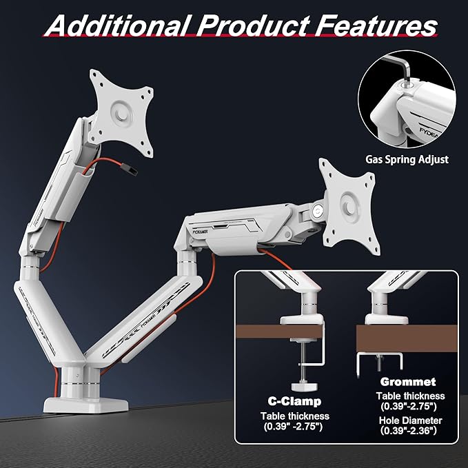 Monitor Arm, Gas Spring Monitor Stand for 17-35 Inch Screens up to 24.3 lbs, Adjustable Mount with C-Clamp & Grommet Base, Ergonomic Computer Mount (Dual Arm White)