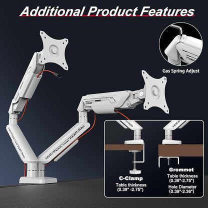 Monitor Arm, Gas Spring Monitor Stand for 17-35 Inch Screens up to 24.3 lbs, Adjustable Mount with C-Clamp & Grommet Base, Ergonomic Computer Mount (Dual Arm White)