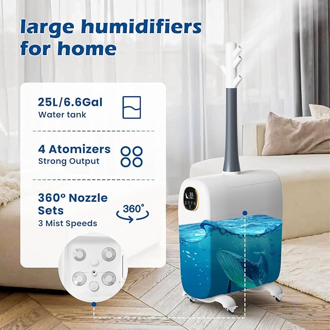 Humidifier for Large Room Home 3000 sq.ft, 6.6Gal/25L Whole House Humidifier, Cool Mist Top Fill Floor Commercial and Industrial Humidifiers with 360°Nozzle, 3 Speed,Plant,Office,White