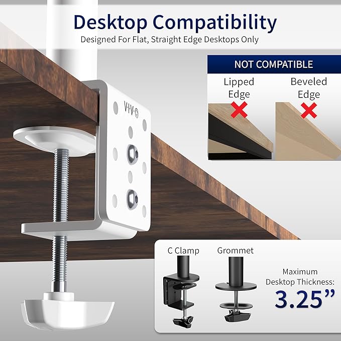 VIVO White Dual 13 to 27 inch LCD LED Monitor Desk Mount Stand with C-clamp and Bolt-Through Grommet, Heavy Duty Fully Adjustable Arms for 2 Screens STAND-V002W
