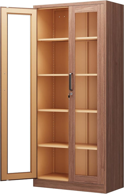 Display Storage Cabinet with Glass Door, 71 Inches Metal Curio Cabinet with 4 Adjustable Shelves, Locking Glass Display Case for Home, Office, Clinic, Pantry, Assemble Required (Wood Color)