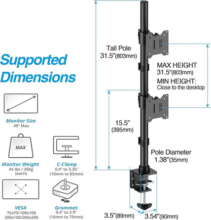 AVLT Dual 49 Inch Stacking Monitor Pole Mount - Stack 44 lbs Super Ultrawide Screens on Heavy-Duty Pole, Height Tilt Swivel Rotate Adjustment, C-clamp and Grommet Mounting Base, VESA Compatible