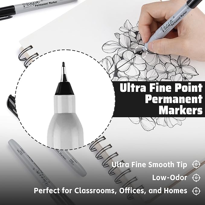 Permanent Markers Ultra Fine Point, 60 Pack, 0.4mm Black Permanent Markers Bulk, 1 Second Quick Drying, Waterproof, Fade-Resistant, Office Series, Classroom Set