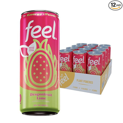 FEEL Zero Sugar Natural Energy Drink – Dragonfruit Lime, 140 mg Plant-Based Caffeine with L-Theanine for Focus & Vitamin C for Immunity, Vegan, Non-GMO, No Artificial Sweeteners, 12 Fl Oz Cans (12-Pack)