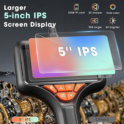 Triple Lens Endoscope Camera with Light- 5" 1080P HD Handheld Borescope with 50FT Semi-Rigid Cable, Waterproof Sewer Inspection Camera with 32GB Card, Drain Plumbing Camera & Gifts for Men