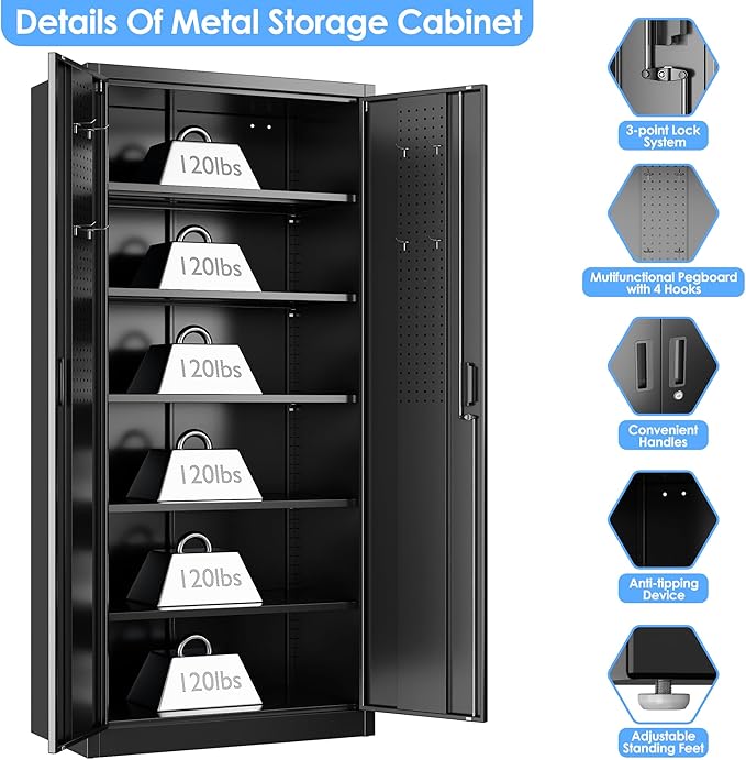 Metal Storage Cabinet, 71" H×34" W×18" D Garage Storage Cabinet with Pegboard, 5 Adjustable Shelves and 2 Doors for Garage Home Office, Lockable File Cabinet, Black, Assembly Required