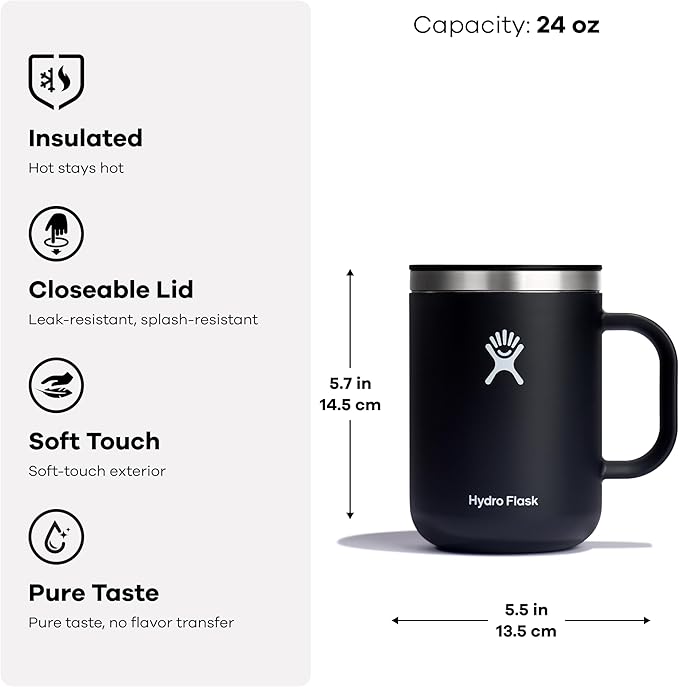 Hydro Flask Coffee Mug – Insulated Stainless Steel, Non Spill, Leak Resistant Travel Mug 24 Oz Sandpiper