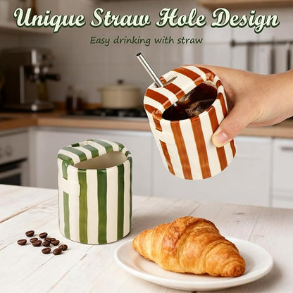 Novelty Ceramic Coffee Mug Designed to Look Like a Gift Box, 10oz Retro Hand-Painted Ceramic Travel Mug, Green & White Striped Design, Microwave & Dishwasher Safe, Perfect Present for Coffee Lovers
