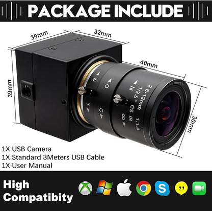 Manual Zoom USB Camera with 2.8-12mm CS Lens, H.264 1080P 30fps Webcam, Low Light Vision & Laser Light Burn, Compatible with Windows/macOS/Linux for Industrial Inspection & Remote Conferencing