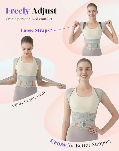 Posture Corrector for Women and Men, 5 Full Back Support Brace Rods, Adjustable Shoulder Straightener, Improving Hunchback Posture, Relief for Upper and Lower Back, Lumbar, Neck Pain (Gray, Large)