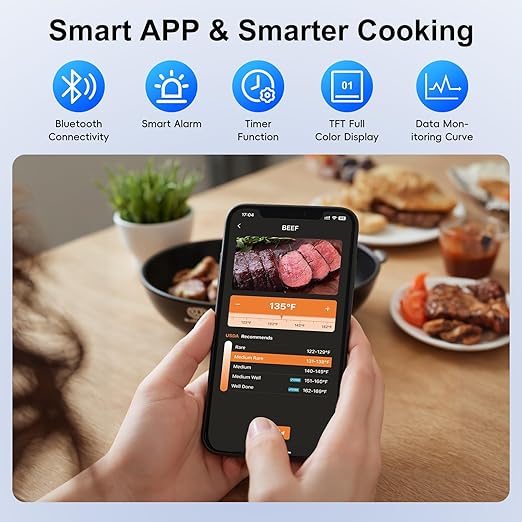 Wireless Bluetooth Meat Thermometer - 2 Probes & App Control, Valentines Day Birthday Gifts for Men Him, Smart Digital Thermometer for Cooking, Oven, Smoker, BBQ, Grill
