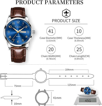 Men's Watch Big Face Easy Read Arabic Numeral Dress Watches for Men Classic Black Brown Leather Band Analog Mens Wrist Watch with Day and Date Fashion Business Waterproof Luminous Quartz Watch