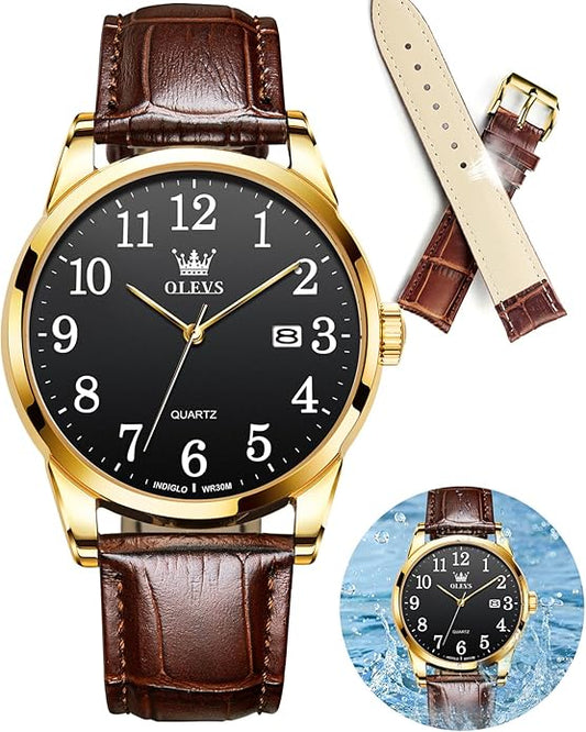 OLEVS Watch Men Mens Watches Watches for Men Leather Band Classic Brown Leather Watch Men, Analog Watch Men, Black Mens Leather Watch, Dress Waterproof Large Face Mens Watch,Relojes para Hombres Watch