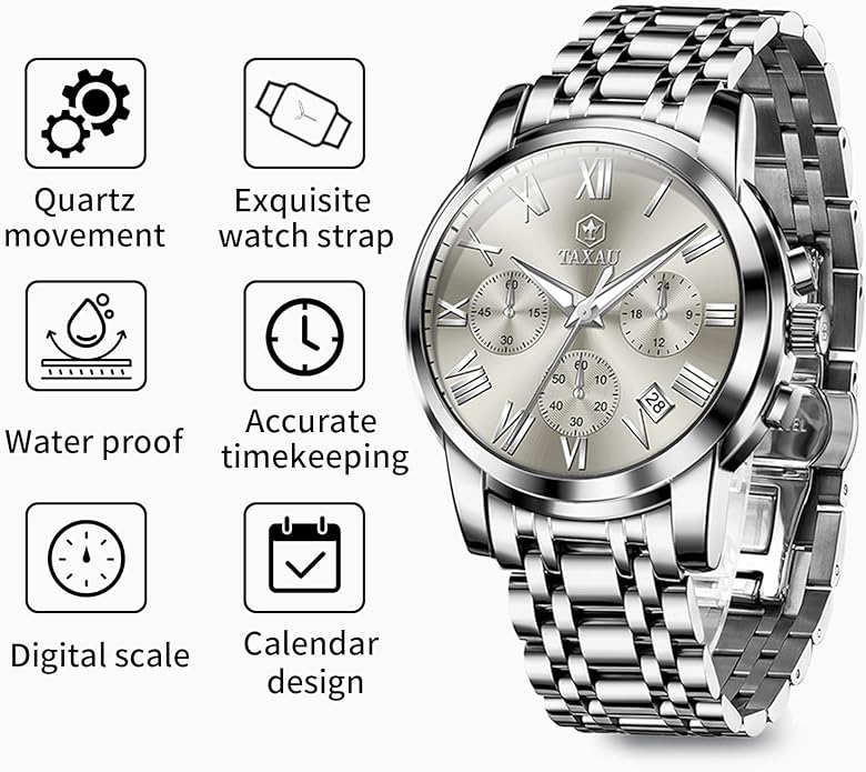 Mens Silver Watch Luxury Minimalist Dress Watch Classic Waterproof Watches for Men Analog Quartz Stainless Steel Men's Wrist Watches with Date Luminous Relojes para Hombres