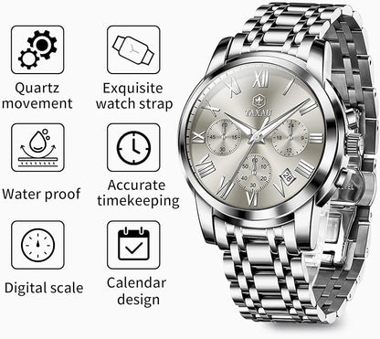 Mens Silver Watch Luxury Minimalist Dress Watch Classic Waterproof Watches for Men Analog Quartz Stainless Steel Men's Wrist Watches with Date Luminous Relojes para Hombres