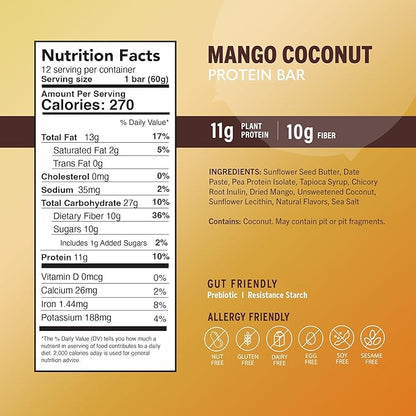 Amrita Nut Free Mango Coconut Vegan Protein Bars (12 Count) | 11g Plant-Based Protein Bar | Peanut Free, Gluten Free, and Dairy Free | Low Sugar, High Fiber, Healthy School-Safe Snacks