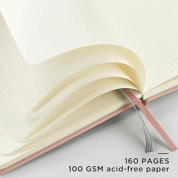 , A5 Hardcover Leather Bullet Dotted Journal, 160 Pages 100 gsm Thick Paper，3 Sheets of Stickers Included - 5.7'' x 8''（Apricot）