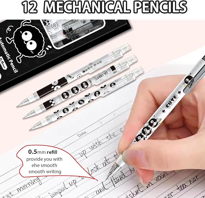 12Pcs Cute Black Mechanical Pencils with Eraser 0.5mm Kawaii Cartoon Mechanical Pencil School Pencil Gifts for Women Man