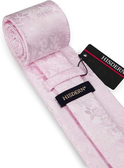 HISDERN Men Floral Ties Woven Classic 3.4" Necktie Set Formal Tie Pocket Square for Wedding with Handkerchief Gift Box
