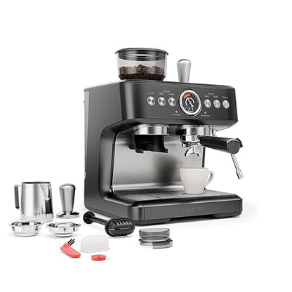 Chefman Crema Deluxe Espresso Machine with Double Boiler, Use Milk Frother and Brew Espresso Simultaneously, Professional Coffee Maker with Coffee Grinder and Steam Wand, 30 Grind Settings