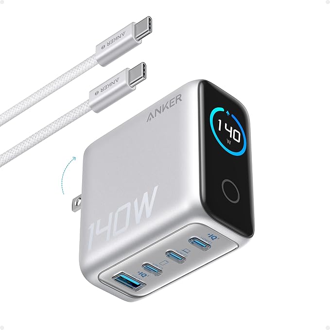 Anker Laptop Charger, 140W Max 4-Port GaN USB C Charger Block with Smart Display, Fast Charging Power Adapter, Touch Controls for MacBook, iPad, iPhone 17/16 Series (Include 5FT Cable, Non-Battery)