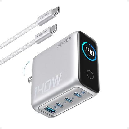 Anker Laptop Charger, 140W Max 4-Port GaN USB C Charger Block with Smart Display, Fast Charging Power Adapter, Touch Controls for MacBook, iPad, iPhone 17/16 Series (Include 5FT Cable, Non-Battery)