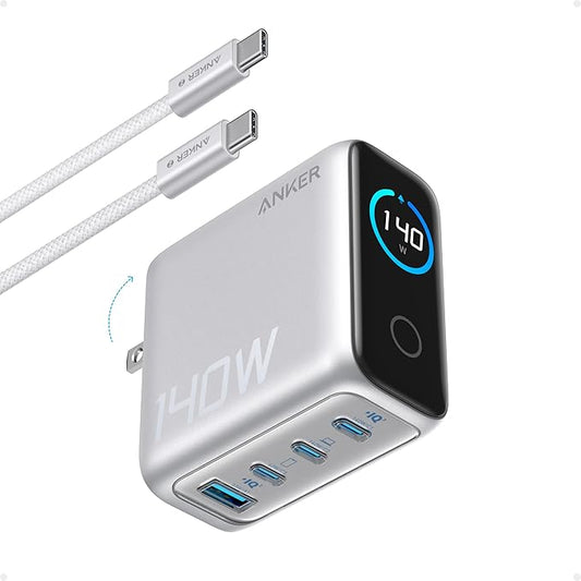 Anker Laptop Charger, 140W Max 4-Port GaN USB C Charger Block with Smart Display, Fast Charging Power Adapter, Touch Controls for MacBook, iPad, iPhone 17/16 Series (Include 5FT Cable, Non-Battery)