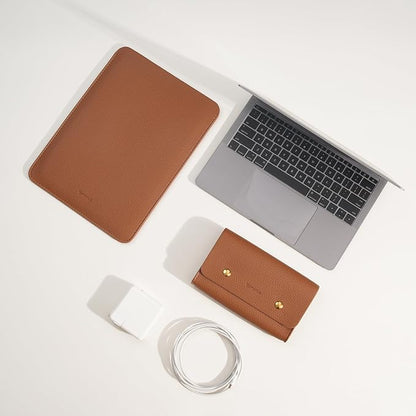 PU Leather Padded Laptop Sleeve Bag 14Inch Compatible with New MacBook Pro 14, Surface Laptop 13.5, Old MacBook Pro 13 with Charger Pouch Color Brown
