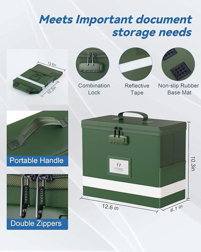 Oterri 2 Pack Fireproof Document Box With Lock, Portable File Safe Box Fireproof Waterproof For Letter Files, Collapsible Fireproof File Box With Handle (Green, 2 Pack)