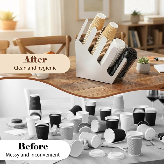 Frienda 4 Compartments Stainless Steel Cup and Lid Dispenser, Silver Coffee Cup Holder Organizer Storage for Countertop Org, Coffee Bar, Beverage Restaurant, Kitchen, Breakroom