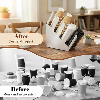 Frienda 4 Compartments Stainless Steel Cup and Lid Dispenser, Silver Coffee Cup Holder Organizer Storage for Countertop Org, Coffee Bar, Beverage Restaurant, Kitchen, Breakroom