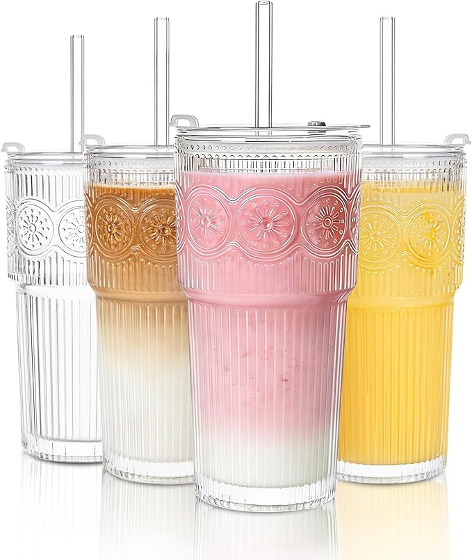 20oz Ribbed & Floral Glass Tumbler Set of 4 – Reusable Glass Cups with Lid and Glass Straw, To-Go Iced Coffee Cups for Water, Smoothie, Milk, Cocktail & More – Perfect for Daily Use & Travel