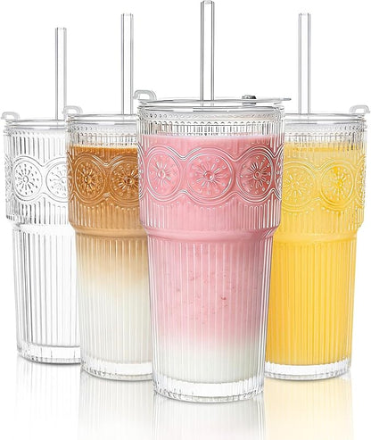 20oz Ribbed & Floral Glass Tumbler Set of 4 – Reusable Glass Cups with Lid and Glass Straw, To-Go Iced Coffee Cups for Water, Smoothie, Milk, Cocktail & More – Perfect for Daily Use & Travel