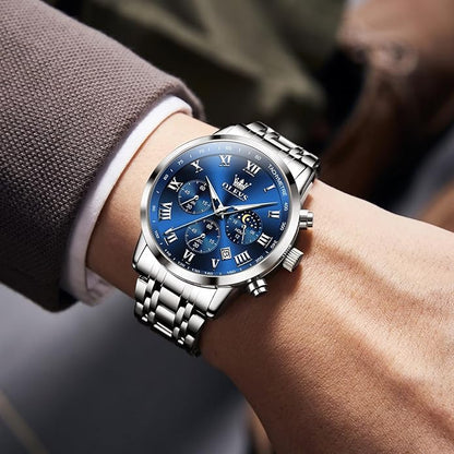 OLEVS Mens Stainless Steel Chronograph Watch, Big Face Roman Numerals Date Analog Quartz Dress Watches for Men, Fashion Multifunctional Waterproof Luminous Hands Men's Wristwatch